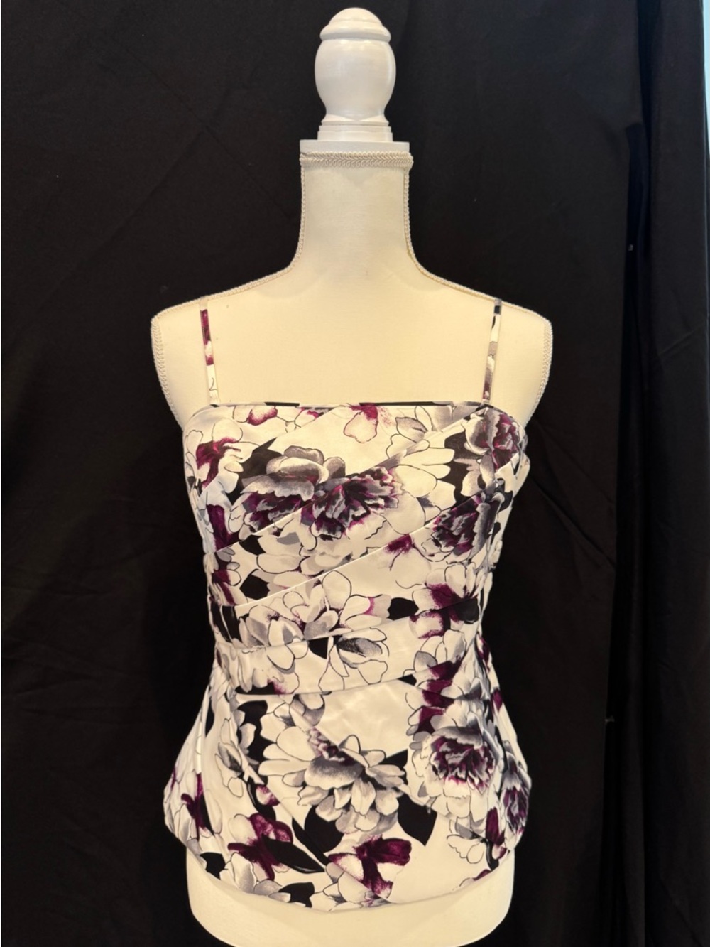 White House Black Market Floral Strapless Peplum Top in White, Black, Purple